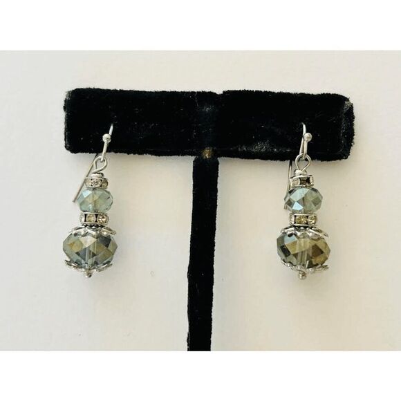 Vintage 90s Green Tint Baubles With Rhinestones Lantern Earrings - Picture 2 of 3